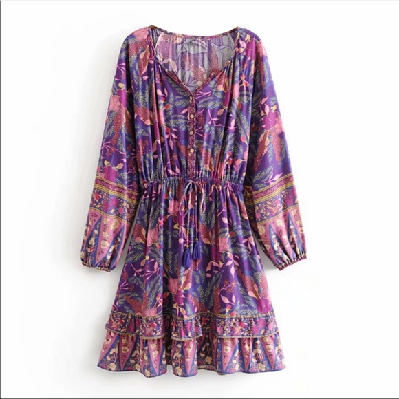 Purple Boho Floral Gypsy Print Dress Long Sleeve - Picture 6 of 16